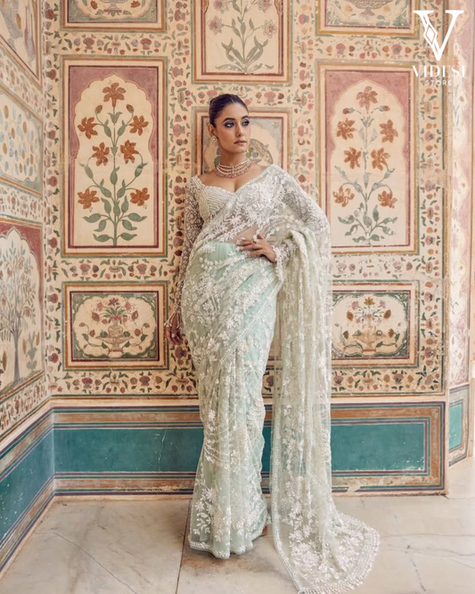 Caitlin Pristine Embroidered Sequined Mono Net Saree