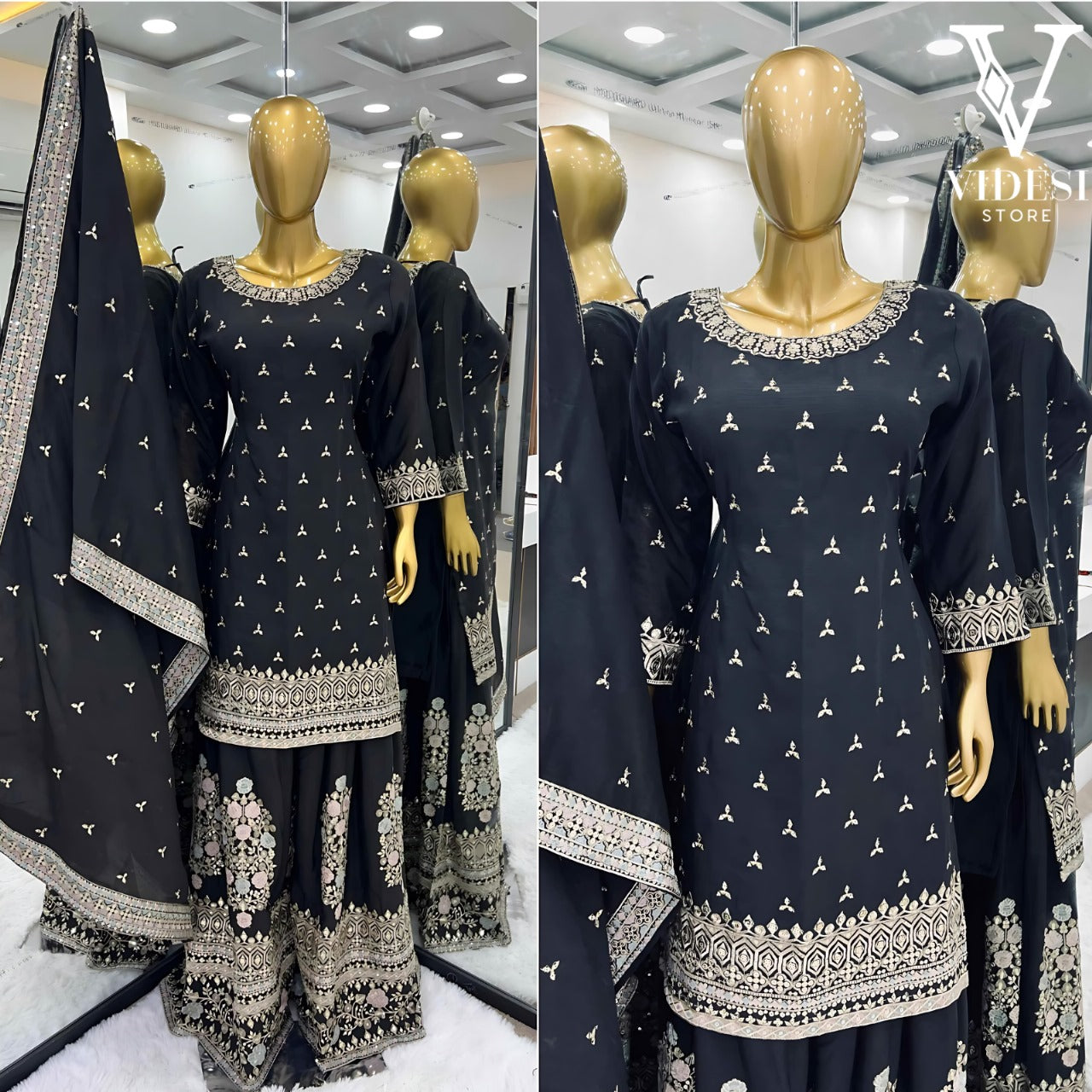 Chinon Silk Sequinned Top & Skirt Set with Heavy Embroidery Jacket Luxury Designer Wear