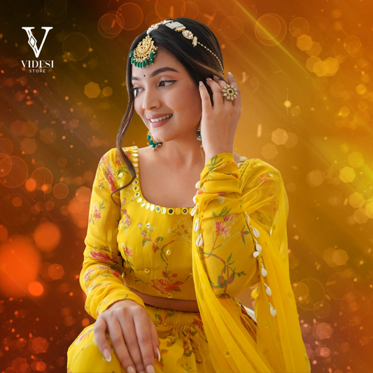 Adia Gleaming Yellow Embroidered Digital Printed Faux Georgette Lehenga
