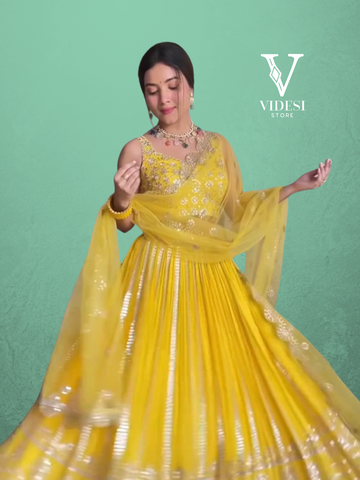 Amaji Vibrant Yellow Georgette Embroidered Sequined Lehenga