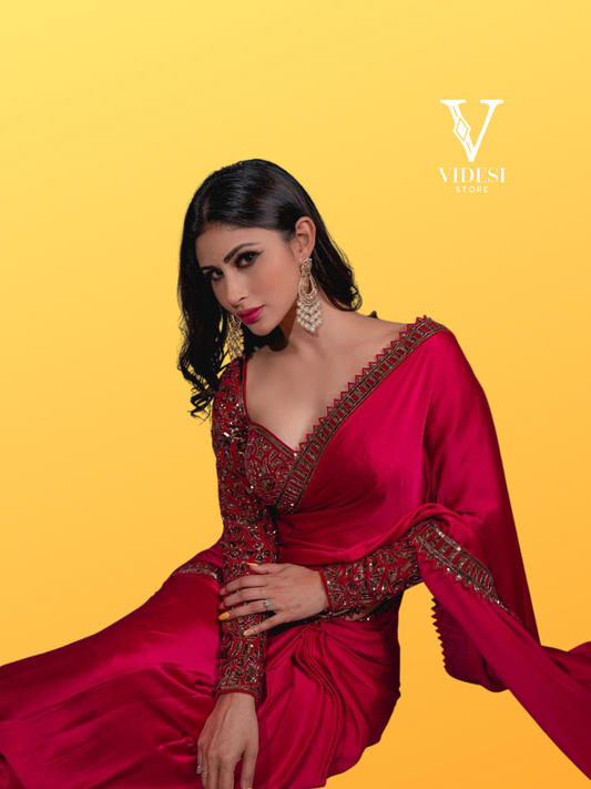 Tashi Dramatic Red Premium Japan Silk Sequined Saree