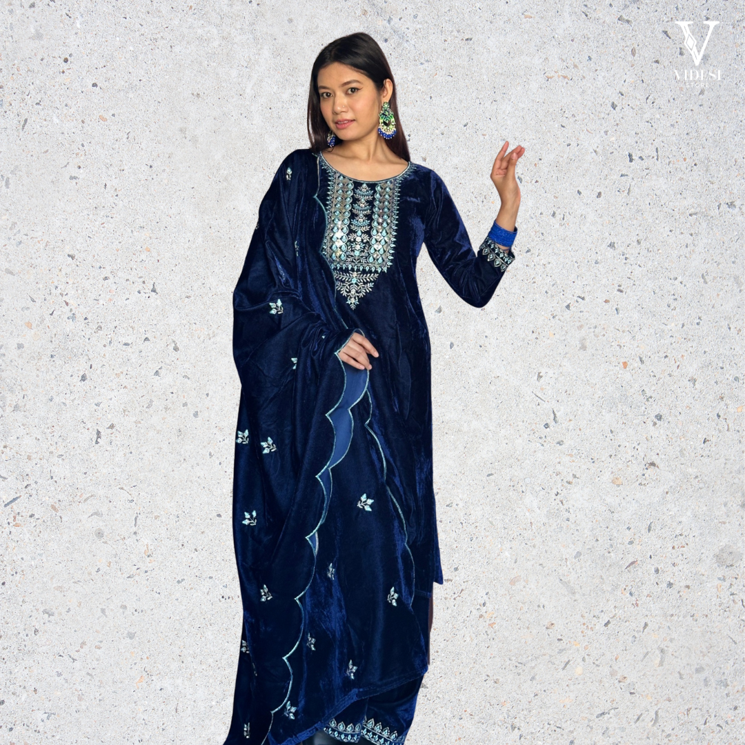 Rami Blue Sequined Plush Velvet Suit With Dupatta