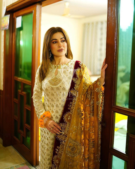 Adela Golden Faux Georgette Embroidered Sequined Suit