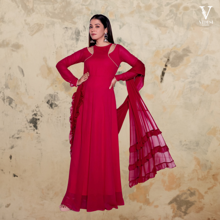 Amelia Vibrant Faux Georgette With Pearl Lace Work Gown and Ruffled Dupatta