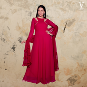 Amelia Vibrant Faux Georgette With Pearl Lace Work Gown and Ruffled Dupatta