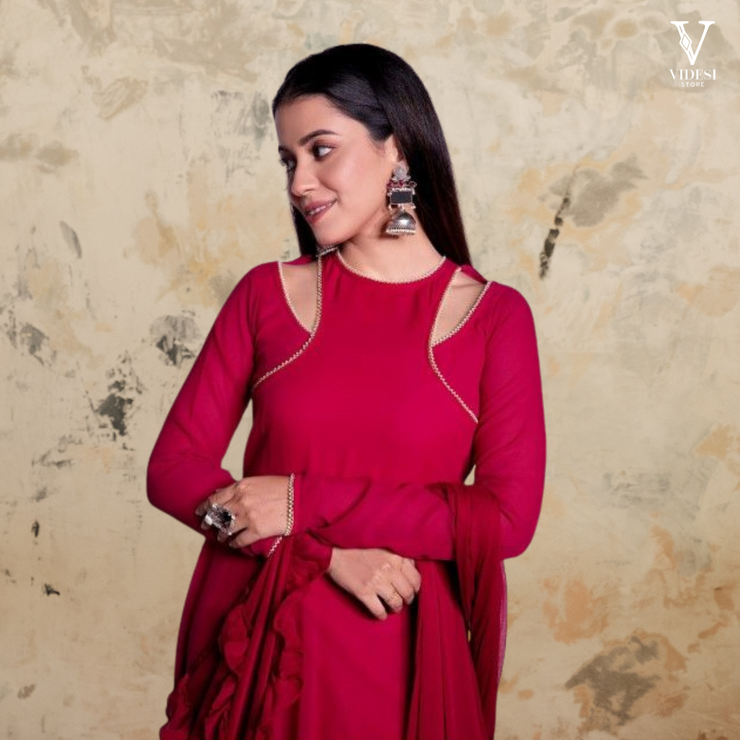 Amelia Vibrant Faux Georgette With Pearl Lace Work Gown and Ruffled Dupatta