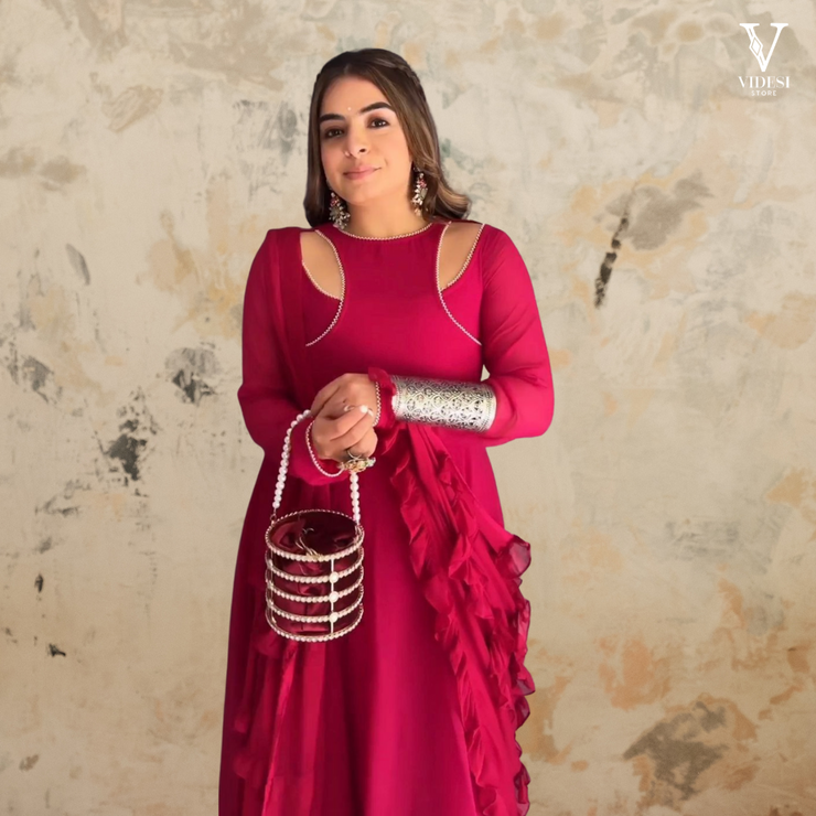 Amelia Vibrant Faux Georgette With Pearl Lace Work Gown and Ruffled Dupatta
