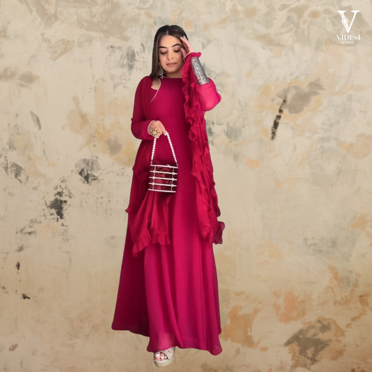 Amelia Vibrant Faux Georgette With Pearl Lace Work Gown and Ruffled Dupatta
