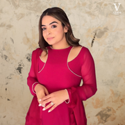 Amelia Vibrant Faux Georgette With Pearl Lace Work Gown and Ruffled Dupatta