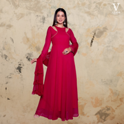 Amelia Vibrant Faux Georgette With Pearl Lace Work Gown and Ruffled Dupatta