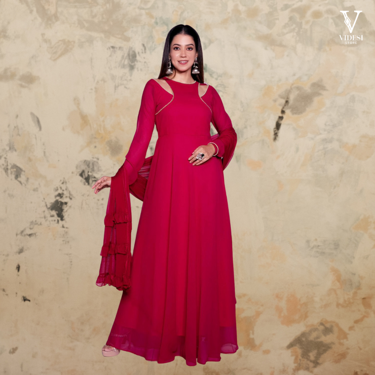 Amelia Vibrant Faux Georgette With Pearl Lace Work Gown and Ruffled Dupatta