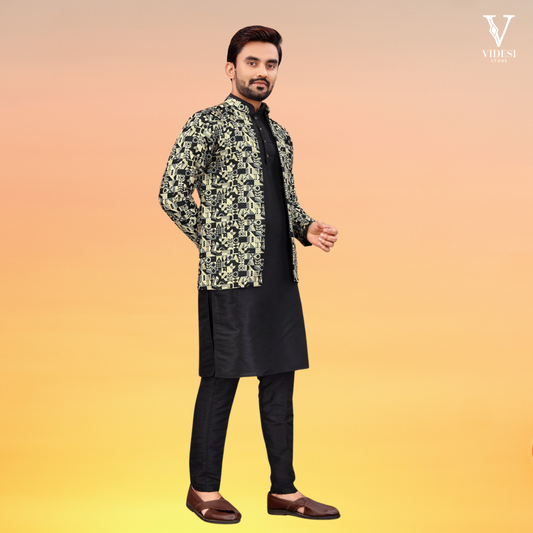 Amir Men's Banglori Silk Kurta With Jacquard Silk Koti Set