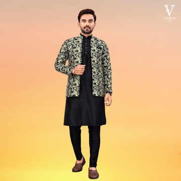 Amir Men's Banglori Silk Kurta With Jacquard Silk Koti Set