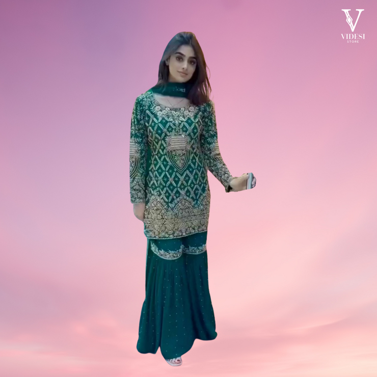 Analia Stylish Embroidered Heavy Faux Georgette with Rivet Moti Work Suit and Dupatta