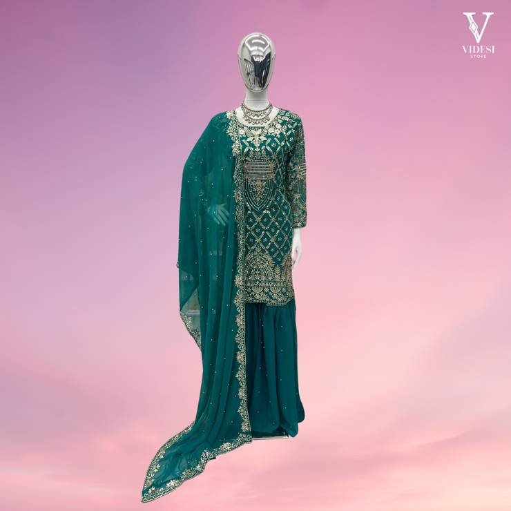 Analia Stylish Embroidered Heavy Faux Georgette with Rivet Moti Work Suit and Dupatta