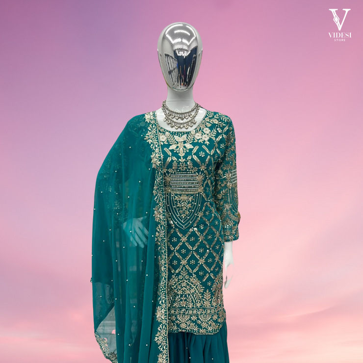 Analia Stylish Embroidered Heavy Faux Georgette with Rivet Moti Work Suit and Dupatta