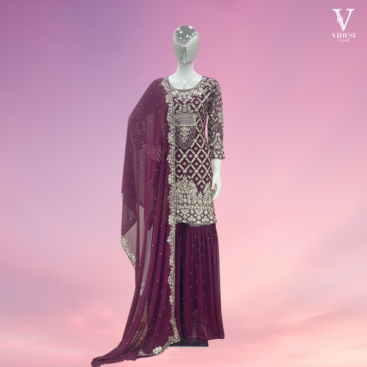 Analia Stylish Embroidered Heavy Faux Georgette with Rivet Moti Work Suit and Dupatta