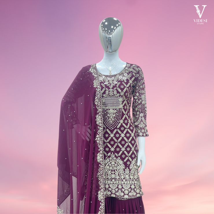 Analia Stylish Embroidered Heavy Faux Georgette with Rivet Moti Work Suit and Dupatta