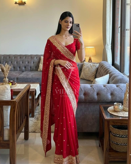 Andrea Ravishing Red Embroidered Sequined Georgette Saree