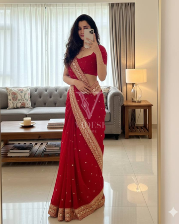 Andrea Ravishing Red Embroidered Sequined Georgette Saree