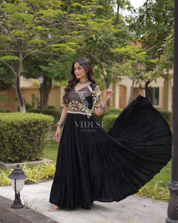 Angelie Rust & Black Rayon Navratri Gown with Kutchi Embroidery & Mirror Work