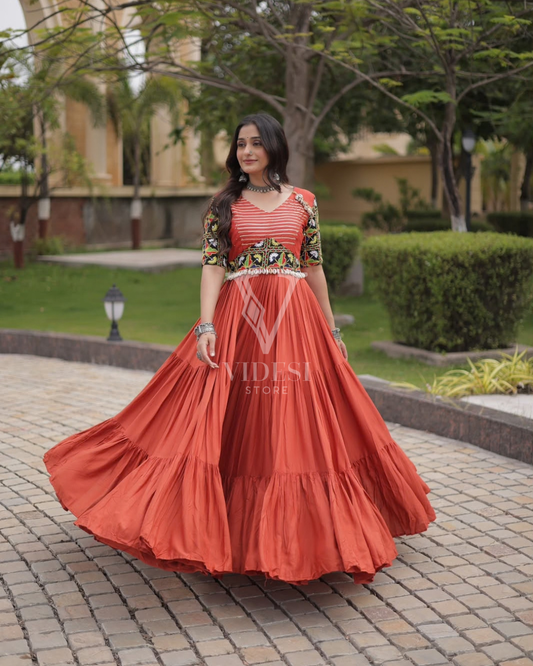 Angelie Rust & Black Rayon Navratri Gown with Kutchi Embroidery & Mirror Work