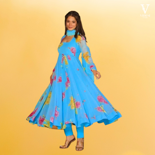 Angelina Digital Printed Faux Georgette Gown with Crepe Pent and Dupatta