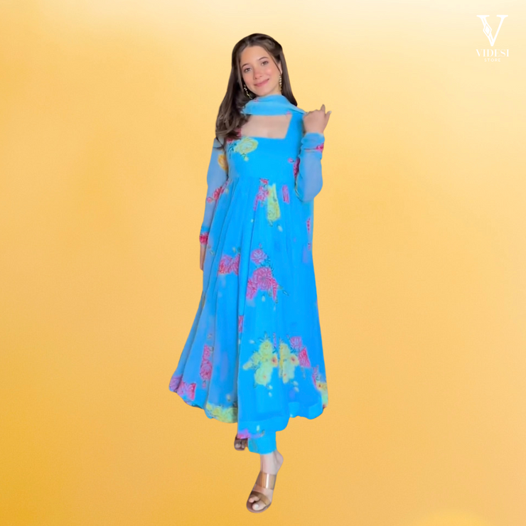 Angelina Digital Printed Faux Georgette Gown with Crepe Pent and Dupatta