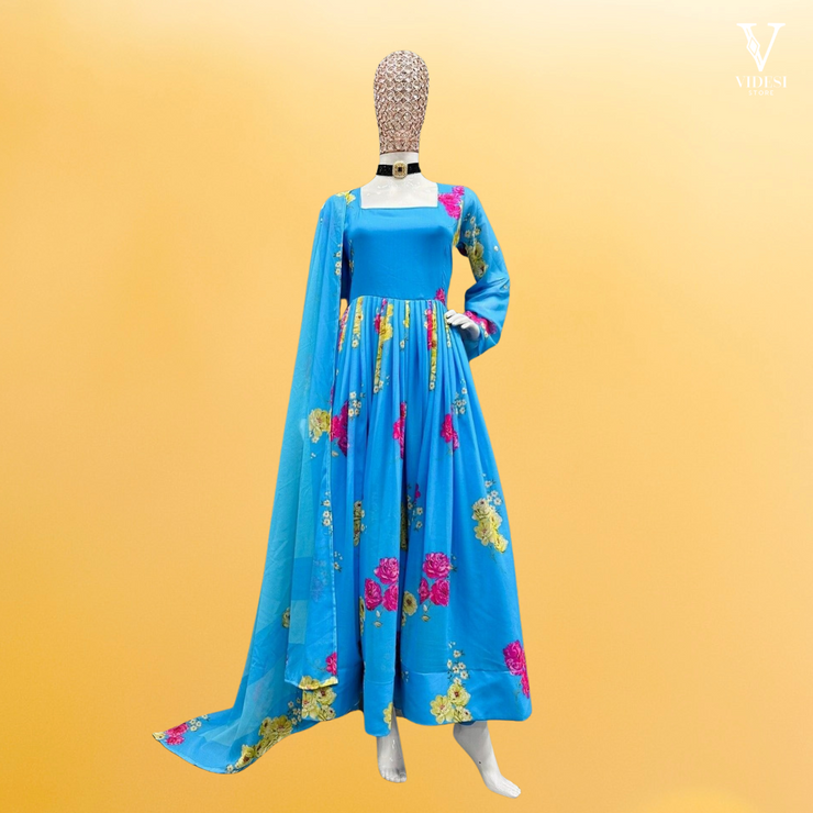 Angelina Digital Printed Faux Georgette Gown with Crepe Pent and Dupatta