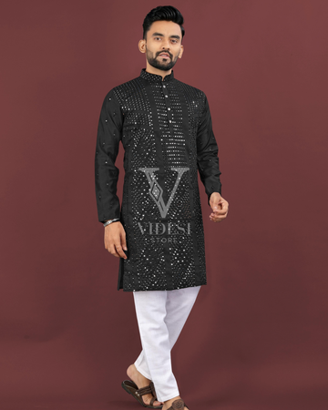 Anton Men's Viscose Silk Kurta Set with Sequin Embroidery & Cotton Pyjama