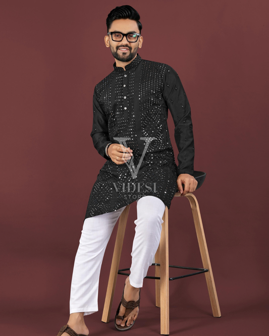 Anton Men's Viscose Silk Kurta Set with Sequin Embroidery & Cotton Pyjama