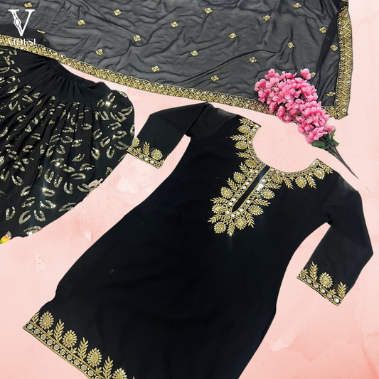 Aracelli Classic Black Faux Georgette with Real Mirror Hand Work Suit