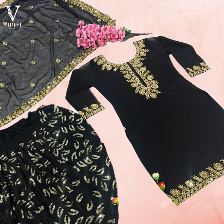 Aracelli Classic Black Faux Georgette with Real Mirror Hand Work Suit with Dupatta