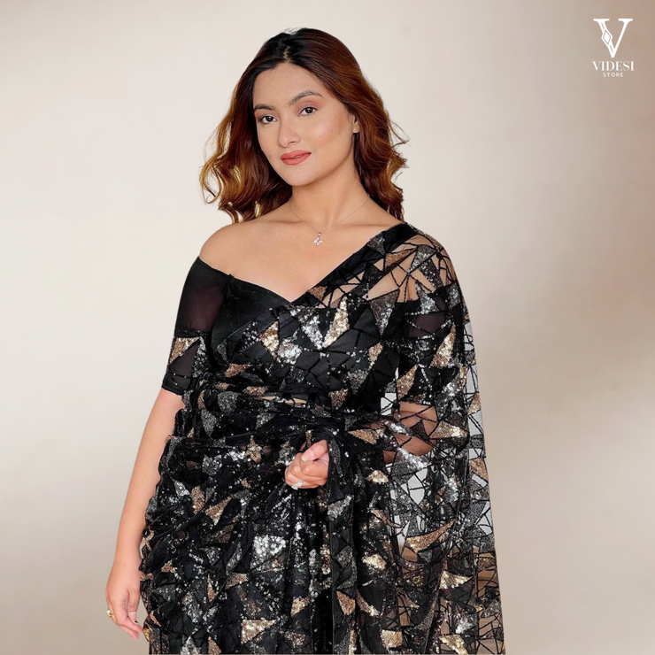 Atisha Elegant Black Digital Printed Faux Georgette Saree with Banglori Silk Blouse
