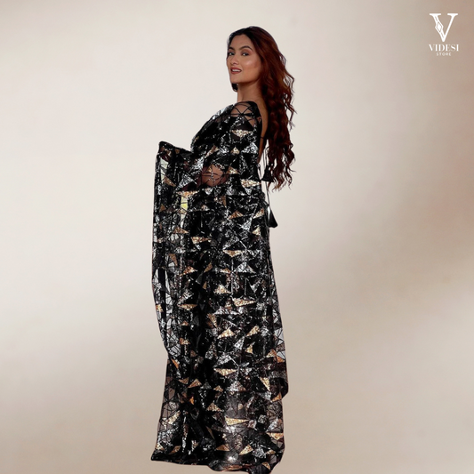 Atisha Elegant Black Digital Printed Faux Georgette Saree with Banglori Silk Blouse