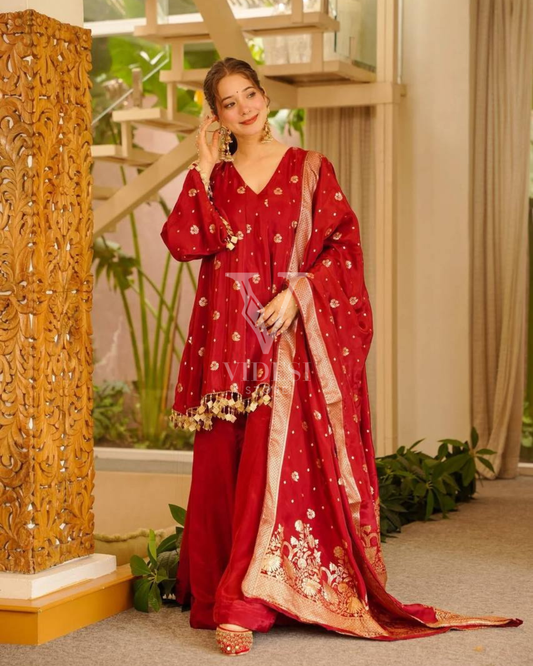 Ayna Silk Kurta Palazzo Set with Silk Dupatta & A-Line Sleeves