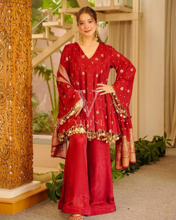 Ayna Silk Kurta Palazzo Set with Silk Dupatta & A-Line Sleeves