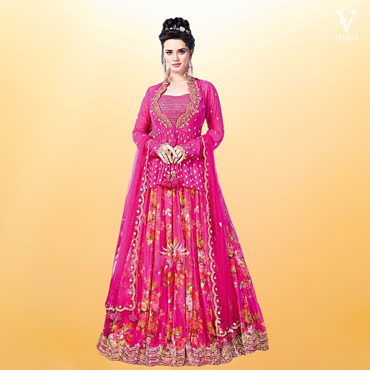 Belle Printed Embroidered Georgette Silk Lehenga With Soft Net Dupatta