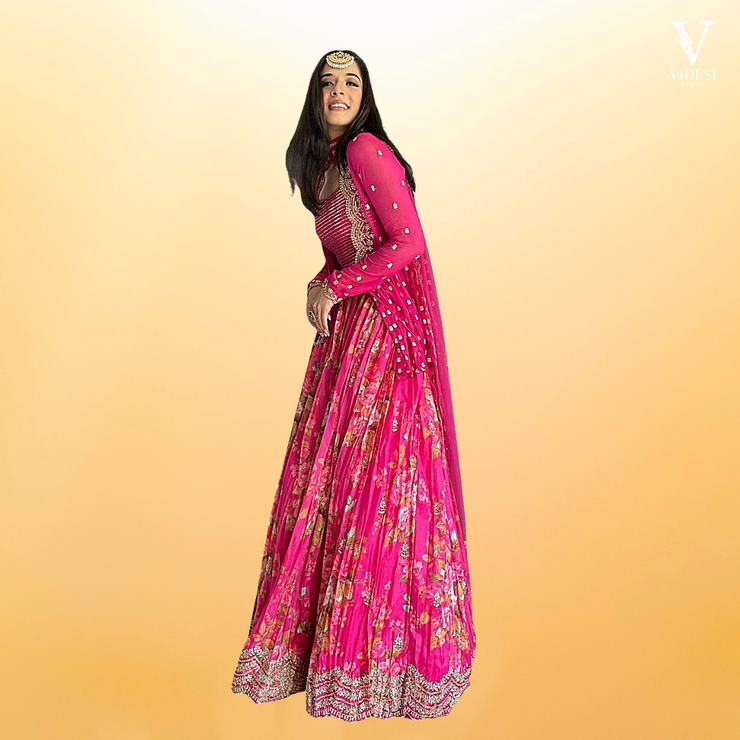 Belle Printed Embroidered Georgette Silk Lehenga With Soft Net Dupatta