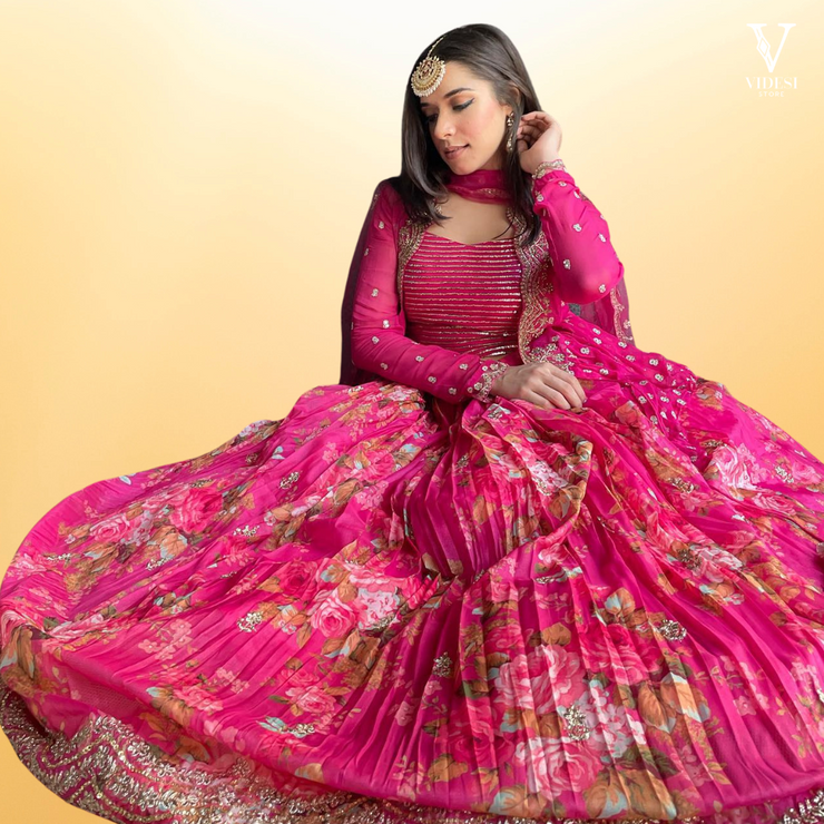 Belle Printed Embroidered Georgette Silk Lehenga With Soft Net Dupatta