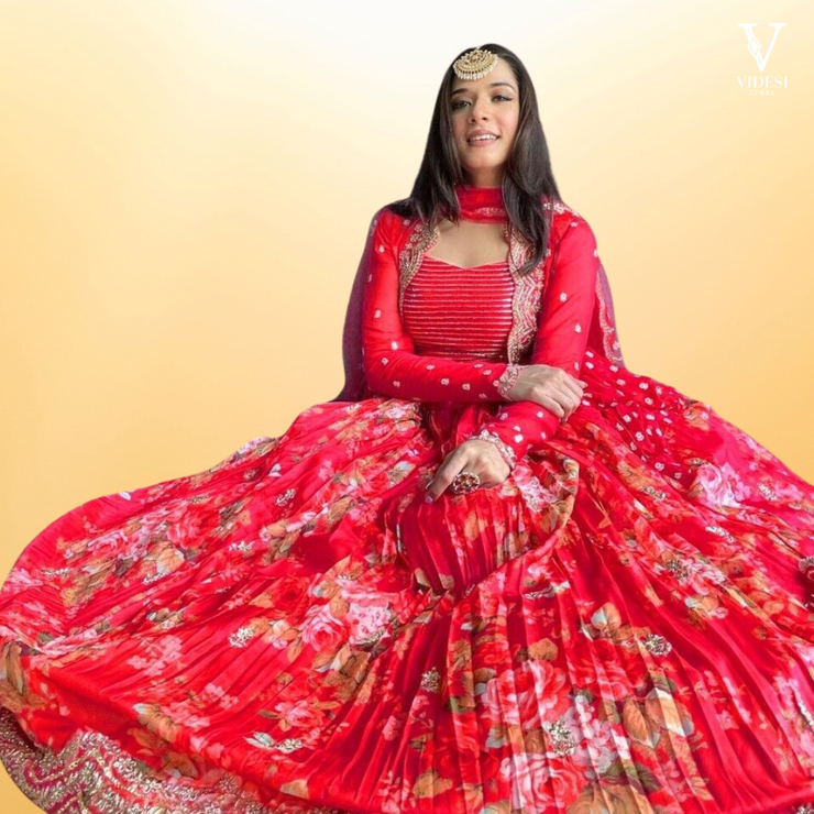 Belle Printed Embroidered Georgette Silk Lehenga With Soft Net Dupatta
