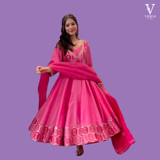 Bonita Flush Pink Faux Georgette Embroidered Gown with Pants and Dupatta