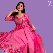Bonita Flush Pink Faux Georgette Embroidered Gown with Pants and Dupatta