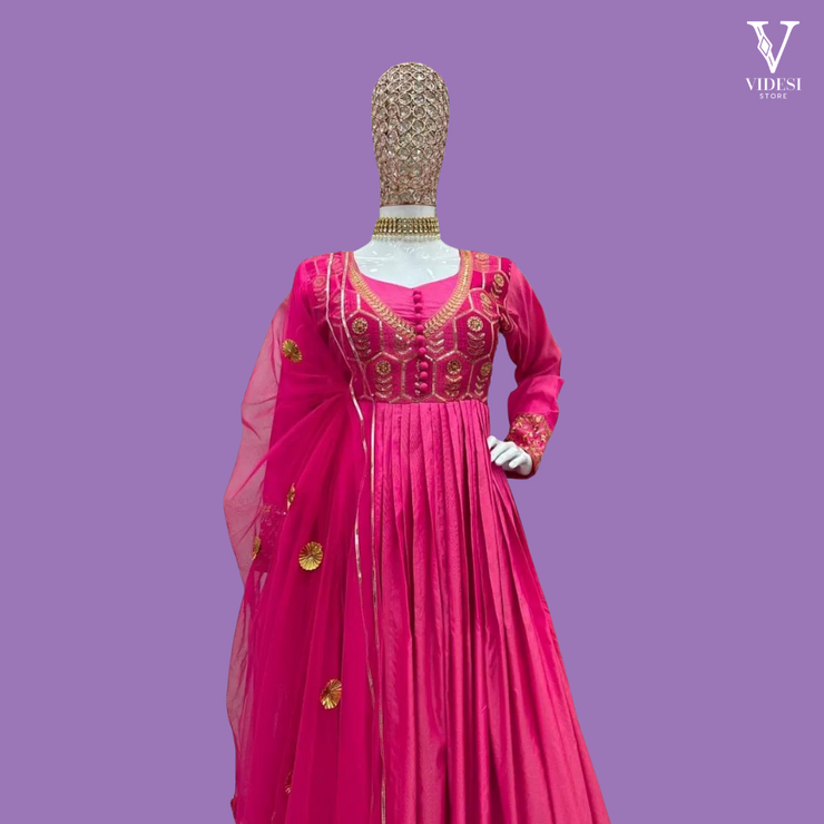Bonita Flush Pink Faux Georgette Embroidered Gown with Pants and Dupatta