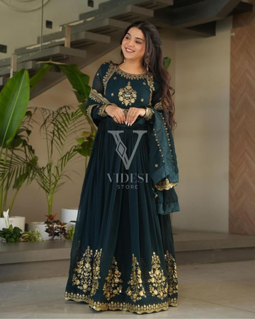 Candice Faux Blooming Georgette Sequined Embroidered Gown With Zari Thread