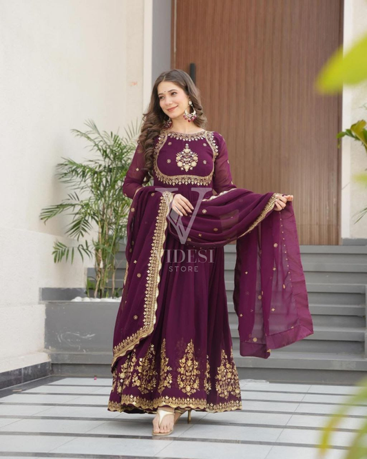 Candice Faux Blooming Georgette Sequined Embroidered Gown With Zari Thread