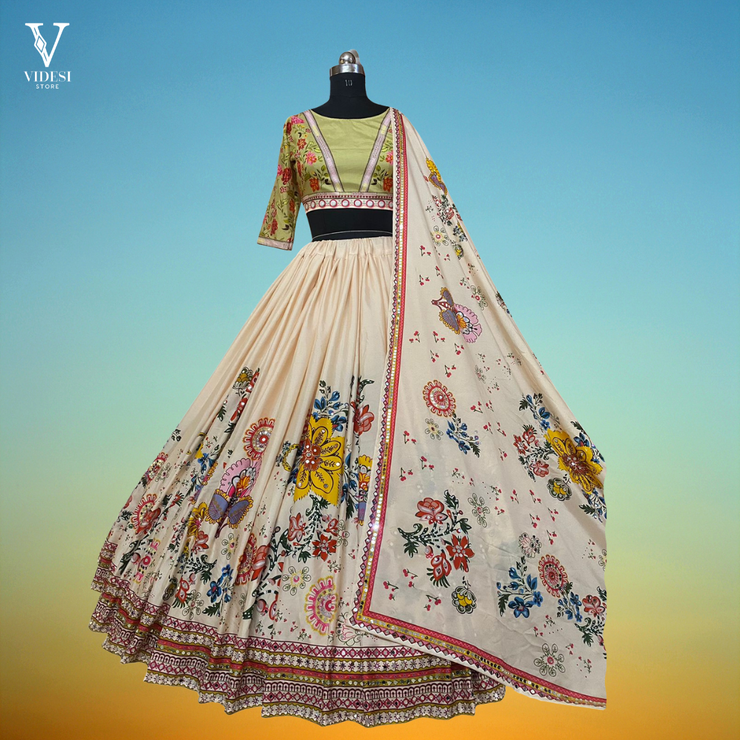 Carissa Luxurious Digital Printed Heavy Butter Silk With Real Mirror Work Lehenga
