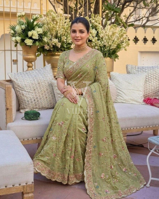 Carmela Sage Green Star Georgette Saree with Floral Embroidery & Cutwork Border