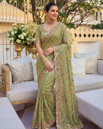 Carmela Sage Green Star Georgette Saree with Floral Embroidery & Cutwork Border