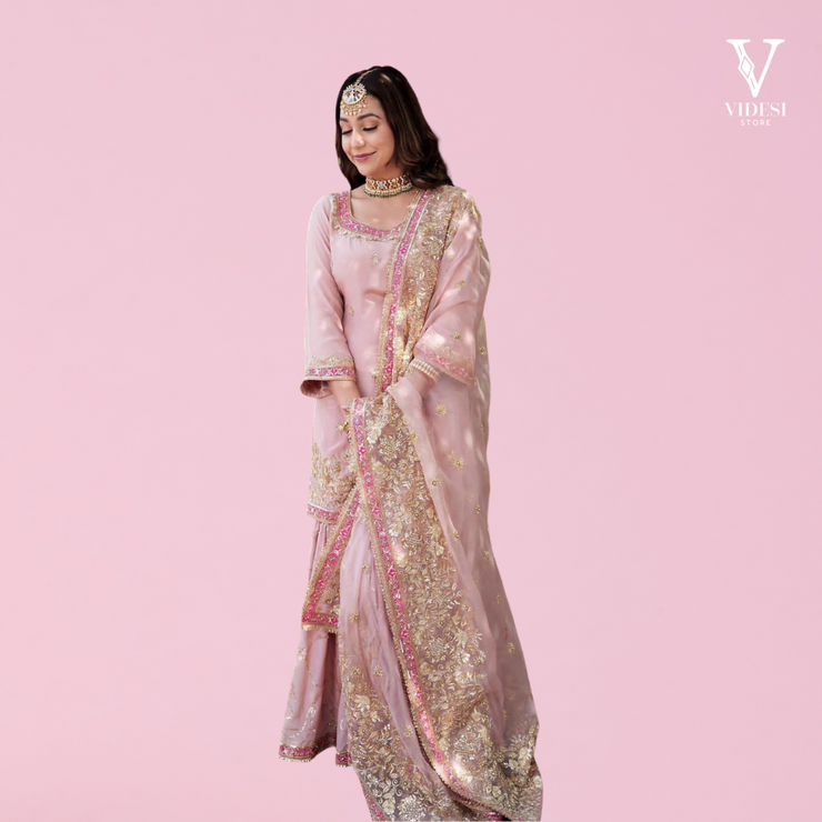 Catalina Blushing Pink Heavy Embroidered Sequined Faux Georgette Top and Palazzo with Dupatta